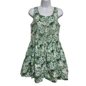 GAP Flare Mini Shirt Dress Green Tropical Leaf Sleeveless Button Pleated Size 2P
